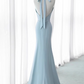 Elegant Sky Blue Mermaid Prom Dress Halter-Neck Party Dress Long Formal Dress DP6998