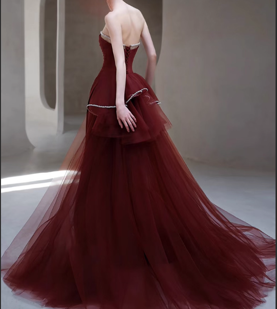 Elegant Burgundy Sheath Prom Dress Strapless Party Dress Trailing Formal Dress DP6999