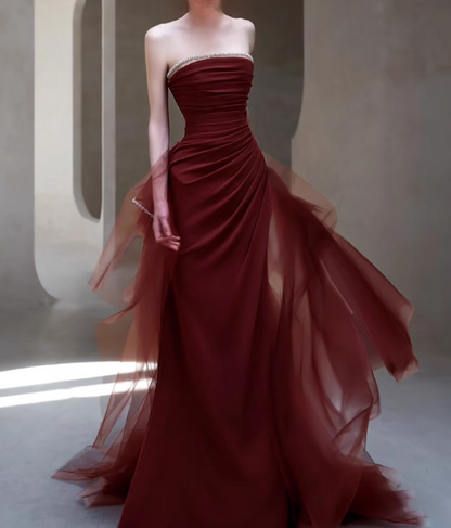 Elegant Burgundy Sheath Prom Dress Strapless Party Dress Trailing Formal Dress DP6999