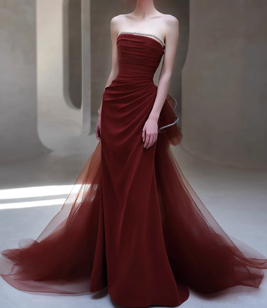 Elegant Burgundy Sheath Prom Dress Strapless Party Dress Trailing Formal Dress DP6999