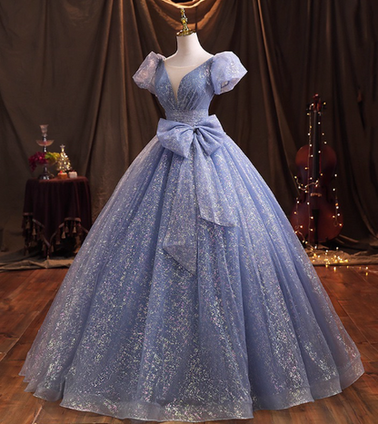 Sparkly Light Blue Puff Sleeves Bow Evening Dress Fairycore Quinceañera Ball Gown DP7075