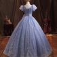 Sparkly Light Blue Puff Sleeves Bow Evening Dress Fairycore Quinceañera Ball Gown DP7075