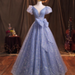 Sparkly Light Blue Puff Sleeves Bow Evening Dress Fairycore Quinceañera Ball Gown DP7075