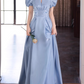 Robe de bal de quinceañera vintage bleu clair en satin, coupe trapèze, manches bouffantes et appliques DP7078