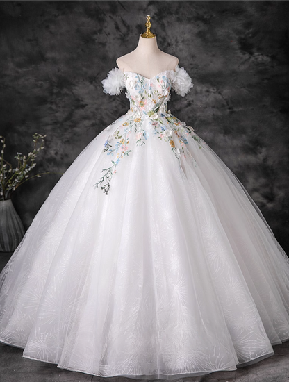 Robe de bal élégante de quinceañera, épaules dénudées, broderie florale 3D, coupe trapèze, DP7082