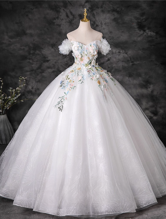 Robe de bal élégante de quinceañera, épaules dénudées, broderie florale 3D, coupe trapèze, DP7082