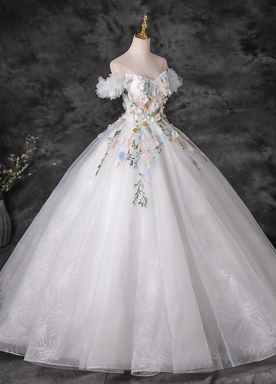 Robe de bal élégante de quinceañera, épaules dénudées, broderie florale 3D, coupe trapèze, DP7082