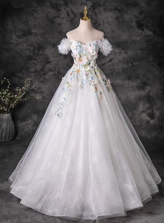 Robe de bal élégante de quinceañera, épaules dénudées, broderie florale 3D, coupe trapèze, DP7082