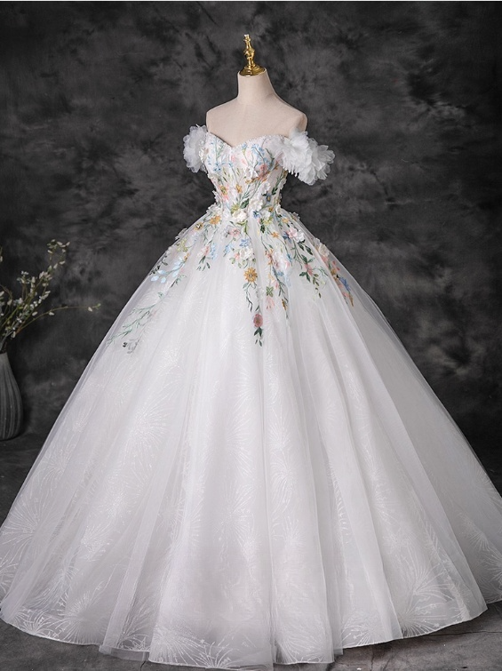 Robe de bal élégante de quinceañera, épaules dénudées, broderie florale 3D, coupe trapèze, DP7082