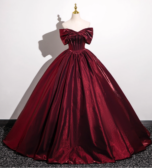 Robe de bal élégante bordeaux en satin, coupe trapèze, épaules dénudées, DP7084