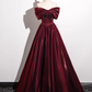 Robe de bal élégante bordeaux en satin, coupe trapèze, épaules dénudées, DP7084