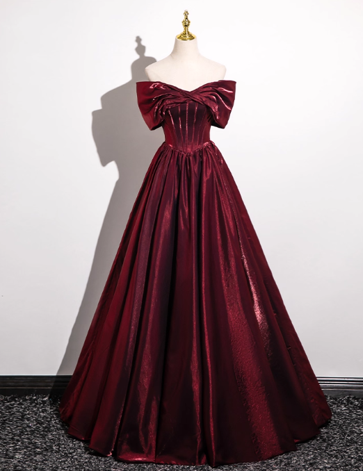 Robe de bal élégante bordeaux en satin, coupe trapèze, épaules dénudées, DP7084