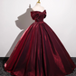 Robe de bal élégante bordeaux en satin, coupe trapèze, épaules dénudées, DP7084