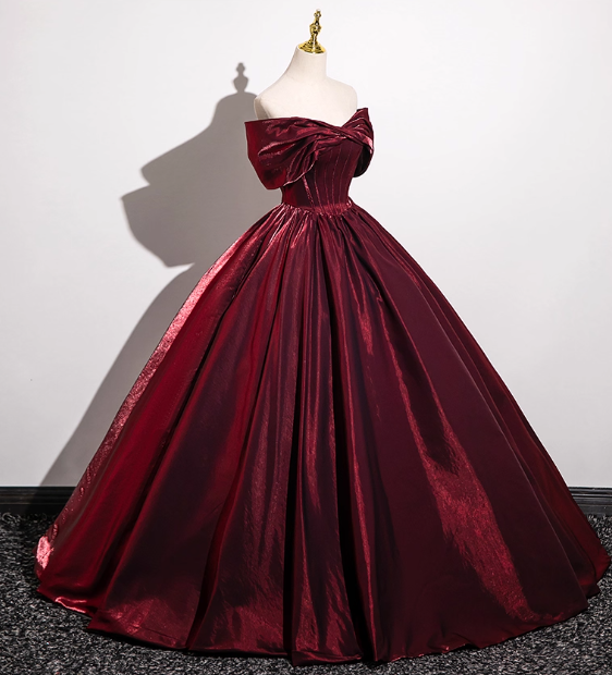 Robe de bal élégante bordeaux en satin, coupe trapèze, épaules dénudées, DP7084