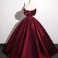 Robe de bal élégante bordeaux en satin, coupe trapèze, épaules dénudées, DP7084