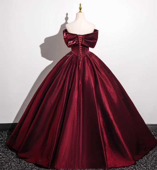Robe de bal élégante bordeaux en satin, coupe trapèze, épaules dénudées, DP7084