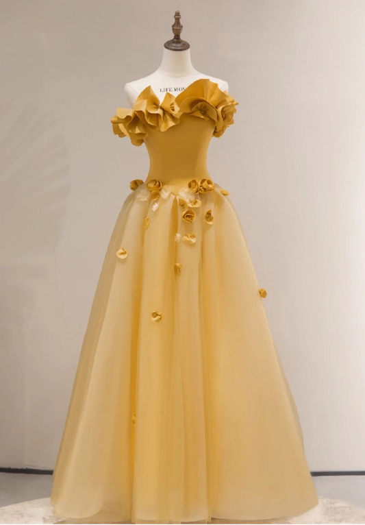 Robe de bal romantique vintage jaune doré à épaules dénudées et imprimé floral 3D pour quinceañera DP7085