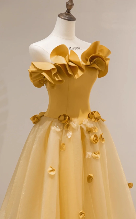 Vintage goldgelbes, schulterfreies, romantisches 3D-Blumenkleid für Quinceañeras DP7085