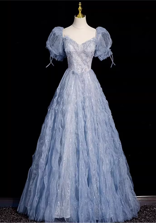 Robe de bal vintage en dentelle, tulle pailleté à volants et bustier, coupe trapèze, bleu clair, manches bouffantes, DP7086