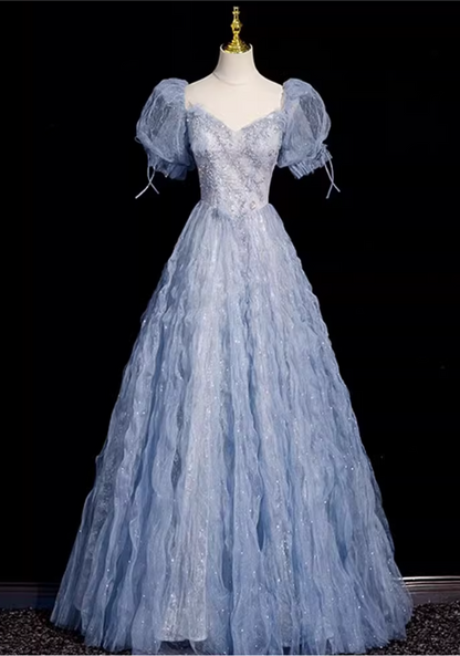 Robe de bal vintage en dentelle, tulle pailleté à volants et bustier, coupe trapèze, bleu clair, manches bouffantes, DP7086