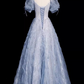 Robe de bal vintage en dentelle, tulle pailleté à volants et bustier, coupe trapèze, bleu clair, manches bouffantes, DP7086