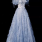 Robe de bal vintage en dentelle, tulle pailleté à volants et bustier, coupe trapèze, bleu clair, manches bouffantes, DP7086