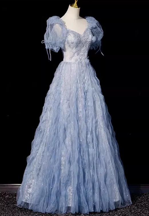 Robe de bal vintage en dentelle, tulle pailleté à volants et bustier, coupe trapèze, bleu clair, manches bouffantes, DP7086
