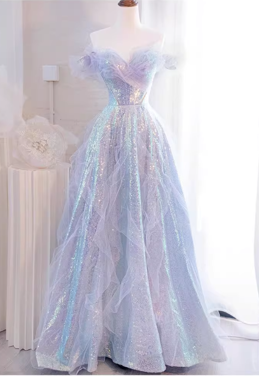 Robe de bal glamour lavande irisée à épaules dénudées, ornée de volants et de paillettes, en tulle, pour Sweet 15 (DP7087)
