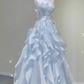 Robe de soirée glamour bleu clair sans bretelles en organza à volants, coupe trapèze, motif floral 3D, idéale pour les 15 ans (Quinceañera), DP7088