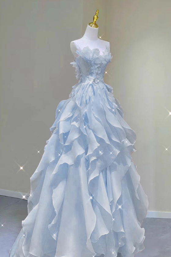 Robe de soirée glamour bleu clair sans bretelles en organza à volants, coupe trapèze, motif floral 3D, idéale pour les 15 ans (Quinceañera), DP7088