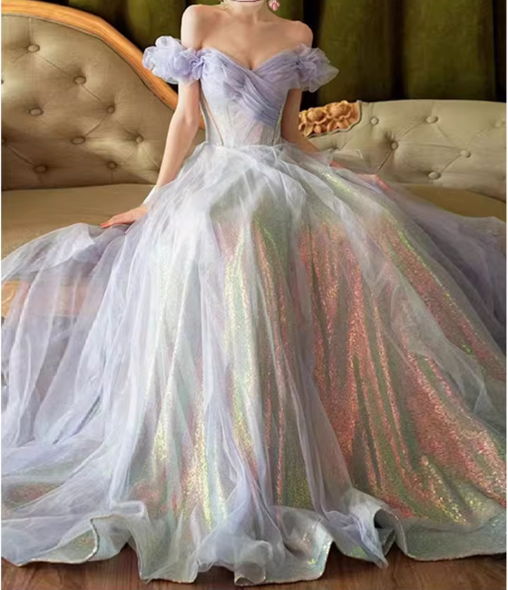 Robe de soirée glamour lavande irisée à épaules dénudées et manches bouffantes, coupe trapèze, tulle pailleté, robe de bal de quinceañera DP7089