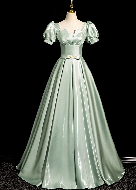 Robe de soirée glamour vert sauge, coupe trapèze, manches bouffantes et nœud, en satin DP7090