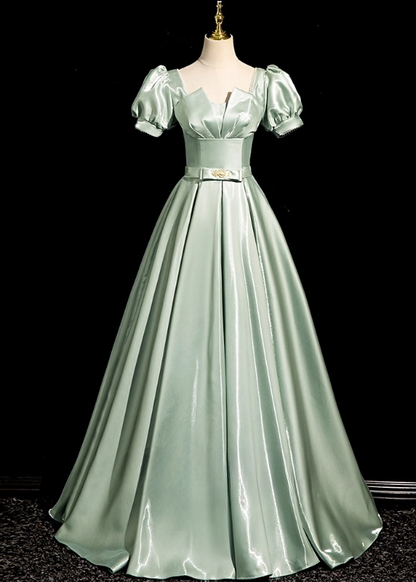 Robe de soirée glamour vert sauge, coupe trapèze, manches bouffantes et nœud, en satin DP7090