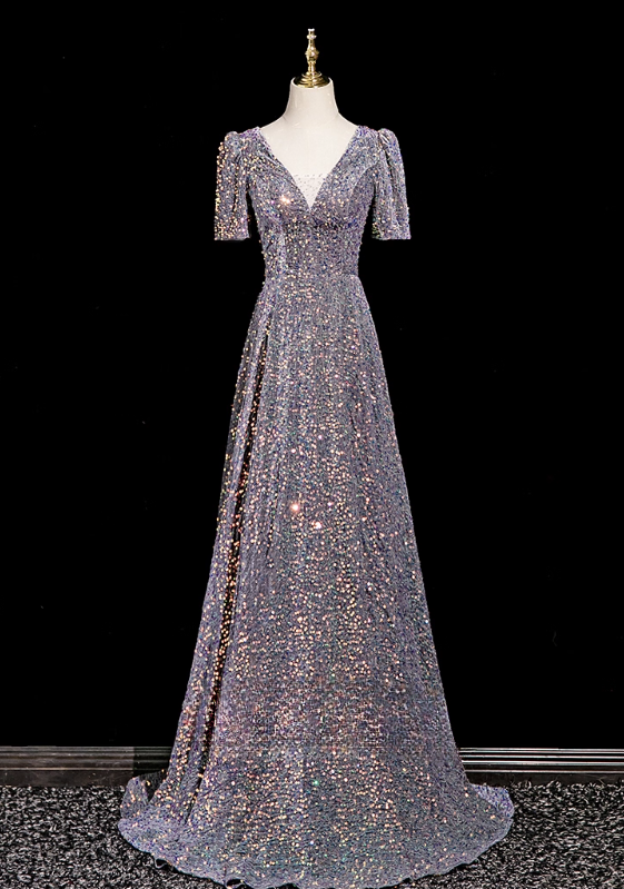 Iridescent Sequin V-Neck Evening Gown A-Line Short Sleeves Lace-up Mother of Bride Dress DP7091