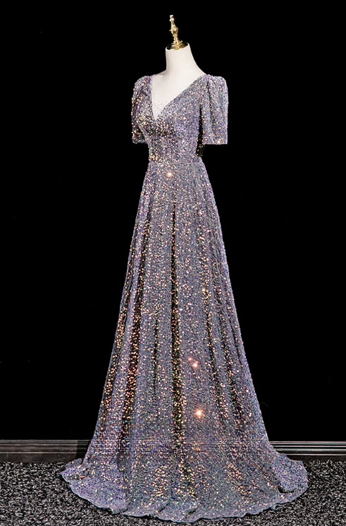 Iridescent Sequin V-Neck Evening Gown A-Line Short Sleeves Lace-up Mother of Bride Dress DP7091