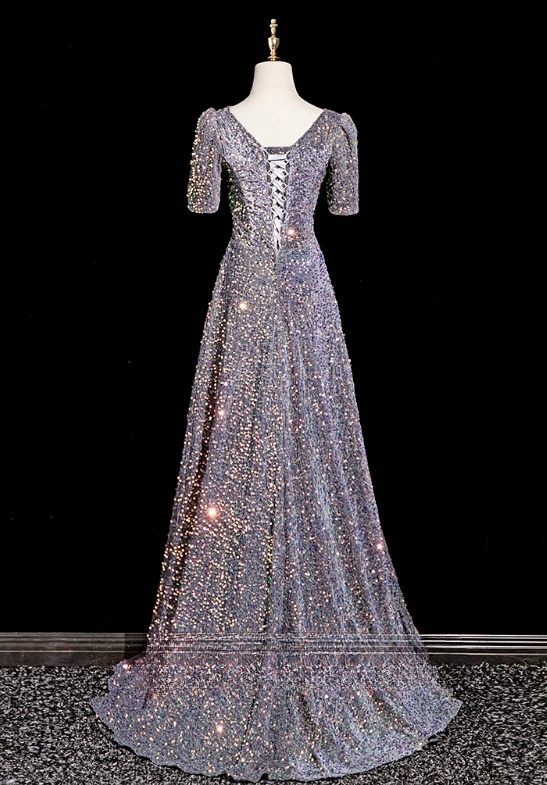 Iridescent Sequin V-Neck Evening Gown A-Line Short Sleeves Lace-up Mother of Bride Dress DP7091