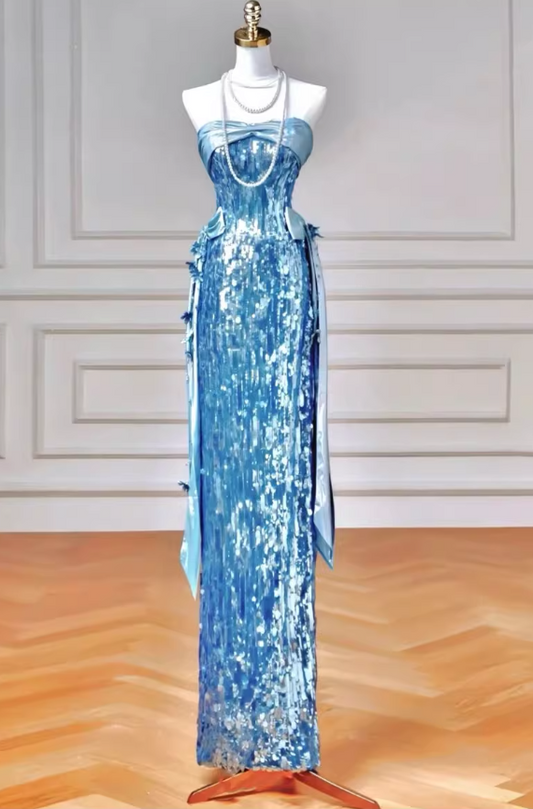 Robe de bal glamour bleu ciel à sequins, fourreau, bustier, maxi, DP7094