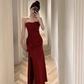 Elegant Burgundy Strapless Prom Dress Sheath High Slit Ruffled Evening Gown DP7097