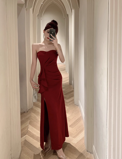 Elegant Burgundy Strapless Prom Dress Sheath High Slit Ruffled Evening Gown DP7097