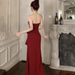 Elegant Burgundy Strapless Prom Dress Sheath High Slit Ruffled Evening Gown DP7097