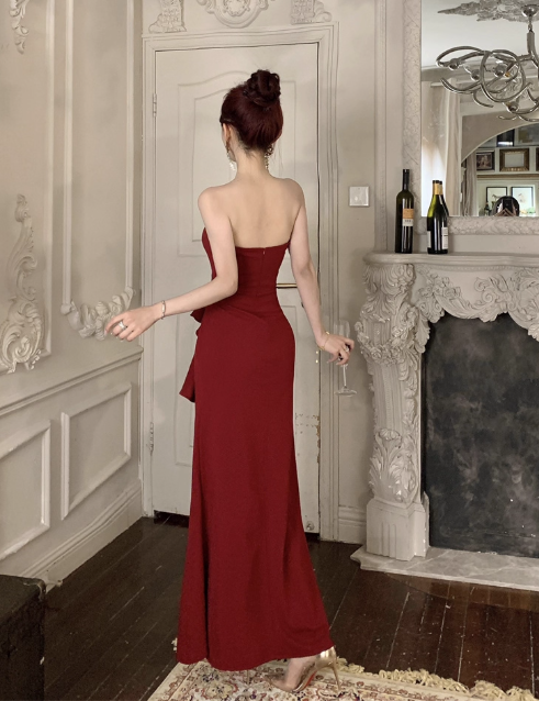 Elegant Burgundy Strapless Prom Dress Sheath High Slit Ruffled Evening Gown DP7097