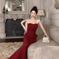 Elegant Burgundy Strapless Prom Dress Sheath High Slit Ruffled Evening Gown DP7097