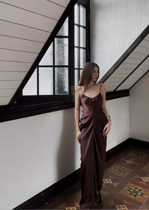 Chic Chocolate Satin Spaghetti Strap Prom Dress Sheath Ruched Evening Gown DP7100