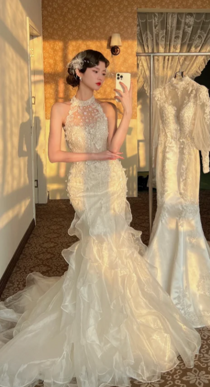 Robe de mariée sirène élégante en tulle blanc appliqué DP7131