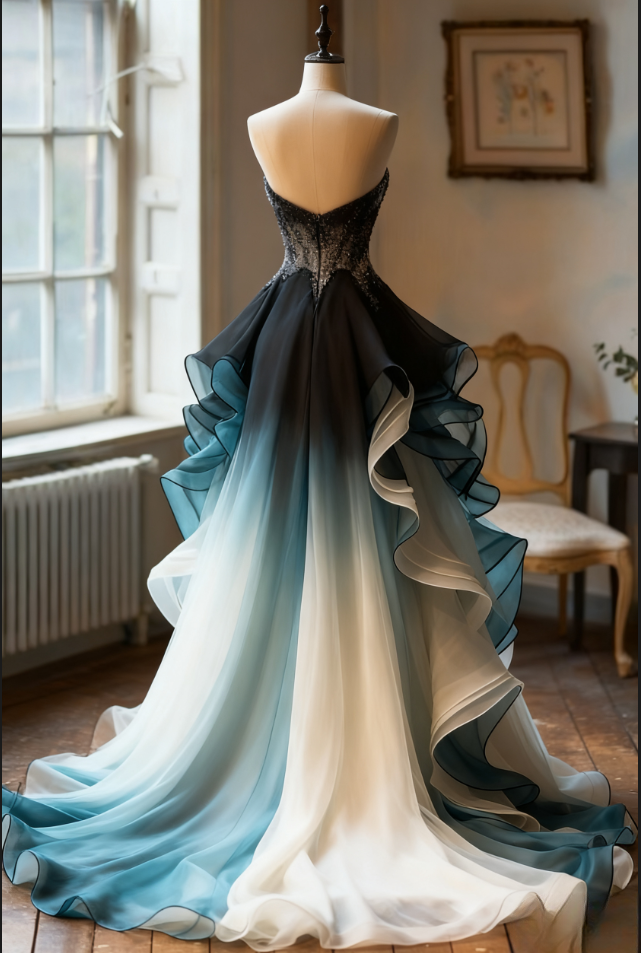 Glamouröses, trägerloses Quinceañera-Ballkleid mit Ombré-Rüschen, perlenbesetztem Oberteil und Lagen aus Organza (DP7137)