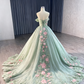 Robe de bal de quinceañera vert menthe glamour, ornée d'appliques papillon 3D en perles et d'un corset à épaules dénudées DP7140