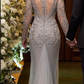 Elegant Silver Grey Beaded Sheer Long Sleeves Embroidered Maxi Mother of the Bride Dress DP7149