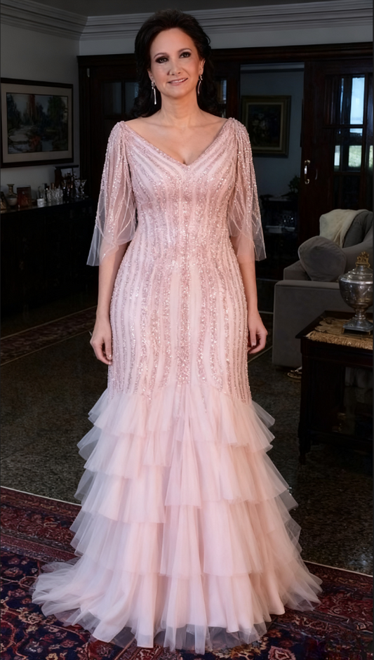 Elegant Pink Beaded Half Sleeves Tiered Tulle Mermaid Mother of the Bride Dress DP7150