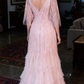 Elegant Pink Beaded Half Sleeves Tiered Tulle Mermaid Mother of the Bride Dress DP7150