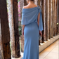 Vintage Dusty Blue Off-Shoulder Sheath Floral Applique Chiffon Mother of the Bride Dress DP7146